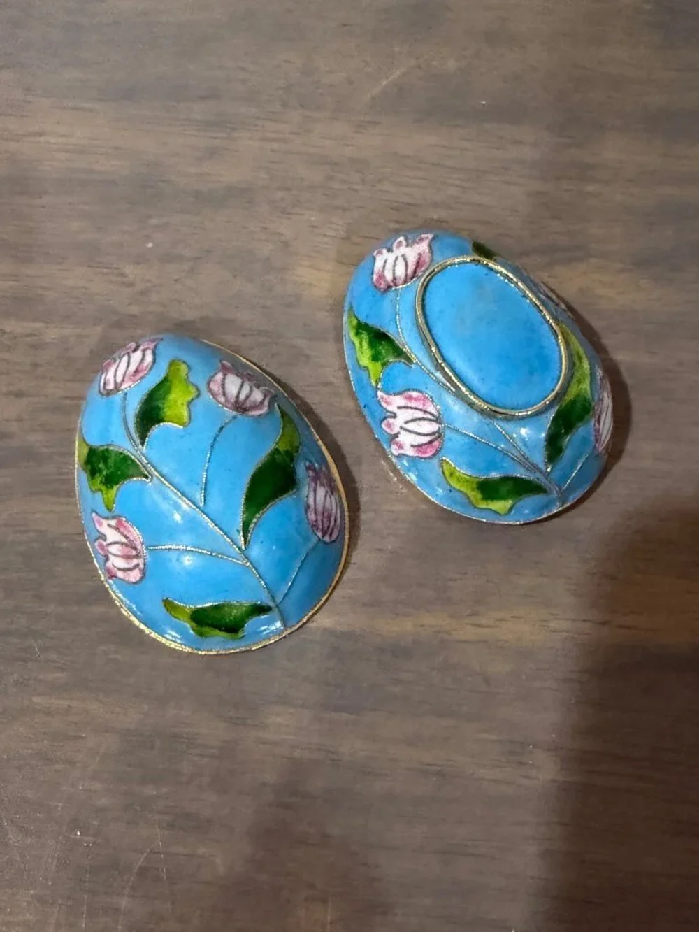 Vintage Floral Cloisonne Egg Shaped Trinket Box